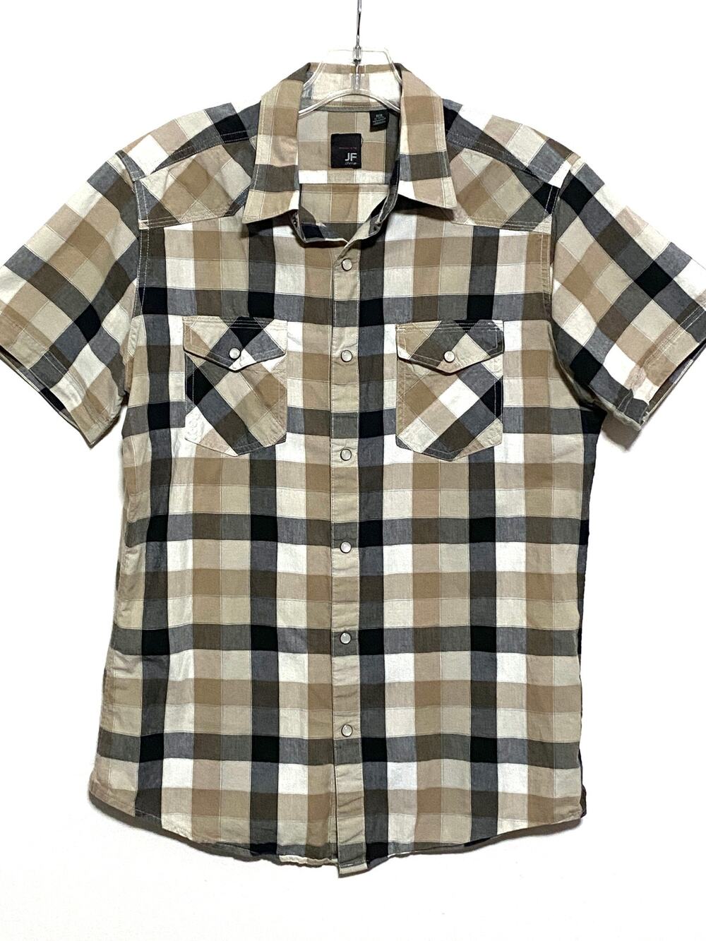 JF J.Ferrar Modern Fit Plaid Pearl Snap Button Shirt Men M Brown Country Western